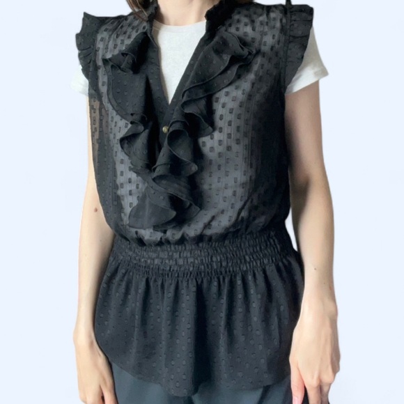 Thx Collection Womens Black Mesh Polka Dot Ruffle Collar Office Blouse Large - Picture 2 of 8